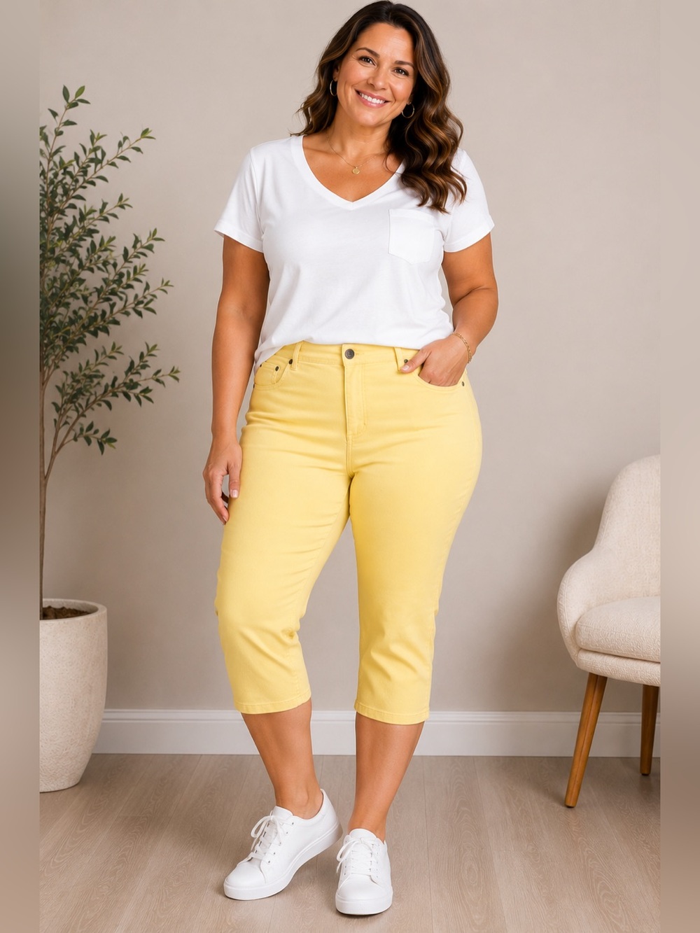 Woman Within Women’s 32 Petite Yellow Natural Fit Denim Capris